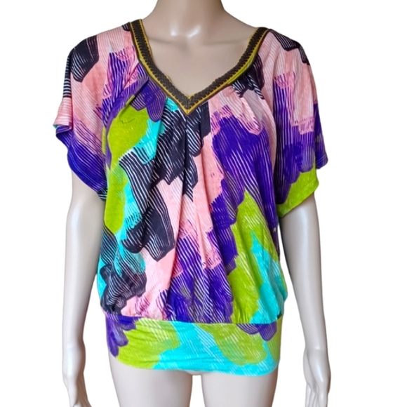 ANTHROPOLOGIE Womens Stretchy V Neck Top Multicolor Short Sleeves Small Petite - Picture 2 of 8
